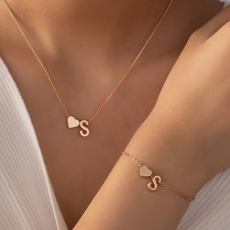 1 Necklace + 1 Bracelet Minimalist Alphabet Jewelry Set - Trendy Letter Design, Personalized Initial, Versatile Party Accessory for Daily Outfits, Perfect Gift Idea with U-Choose Alphabet Option