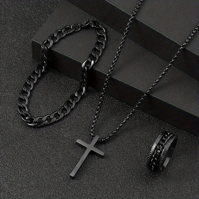 3pcs 3-Piece Men's Stainless Steel Cross Necklace Bracelet & Ring Set - Black