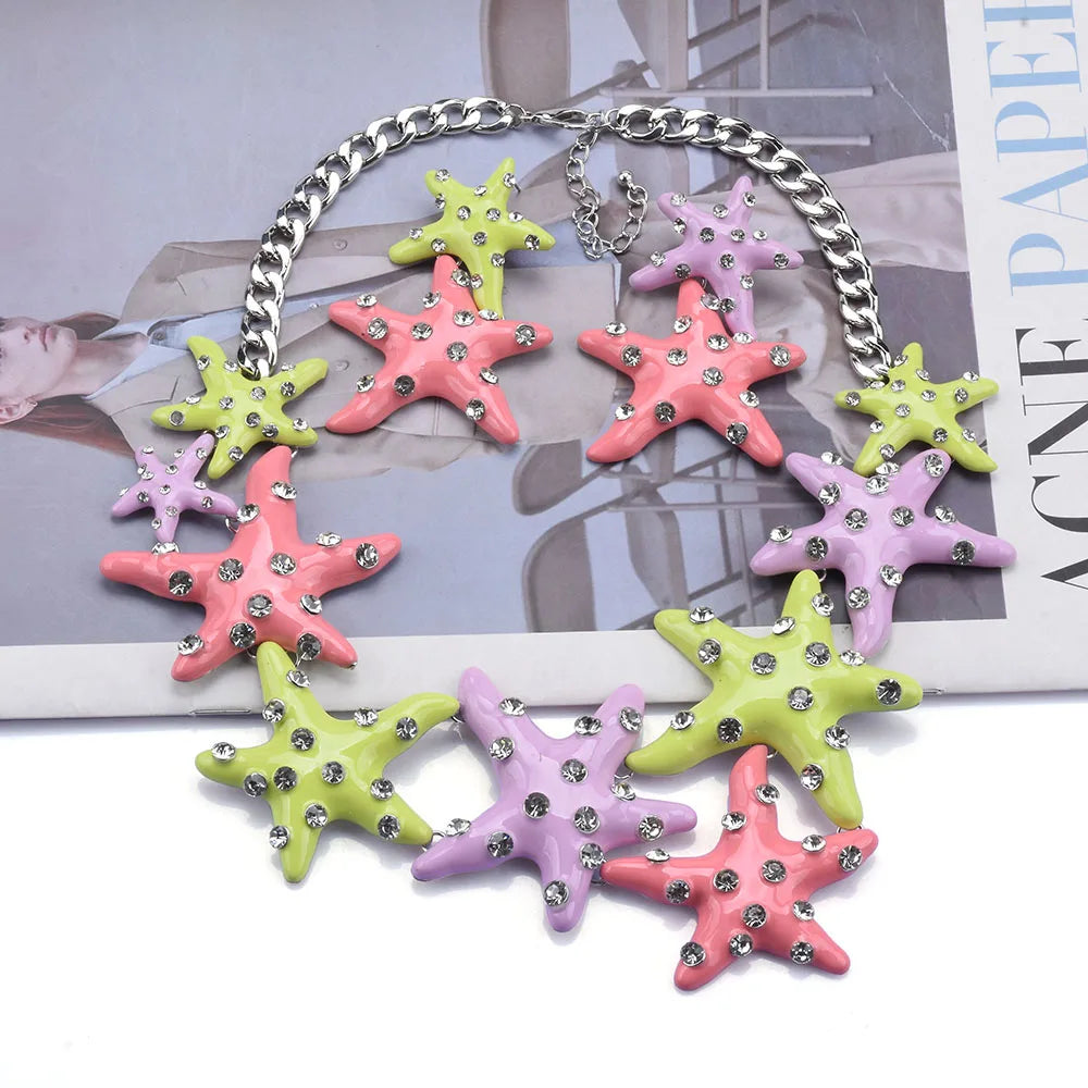 2025 New Fashion Enamel Starfish Necklace Earrings Women Jewelry Sets Indian Large Collar Metal Chain Choker Necklace Jewelry