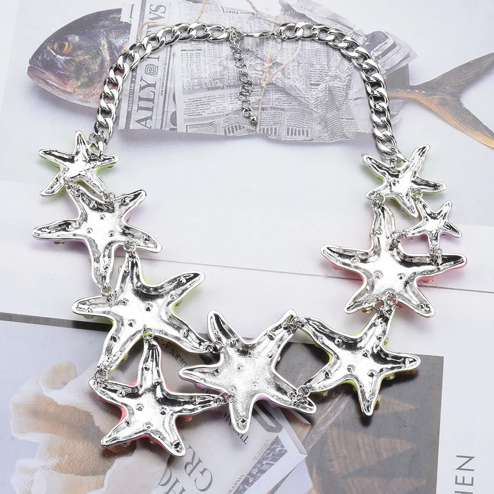 2025 New Fashion Enamel Starfish Necklace Earrings Women Jewelry Sets Indian Large Collar Metal Chain Choker Necklace Jewelry