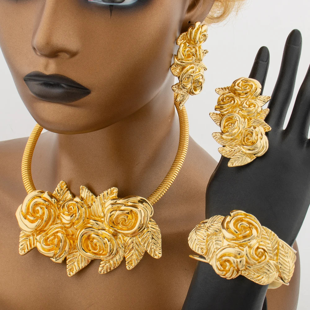 African Fashion Flower Jewelry Set for Women Luxury Gold Color Big Hig Quality Earrring Necklace Bangle Ring Bride Christmas Gif
