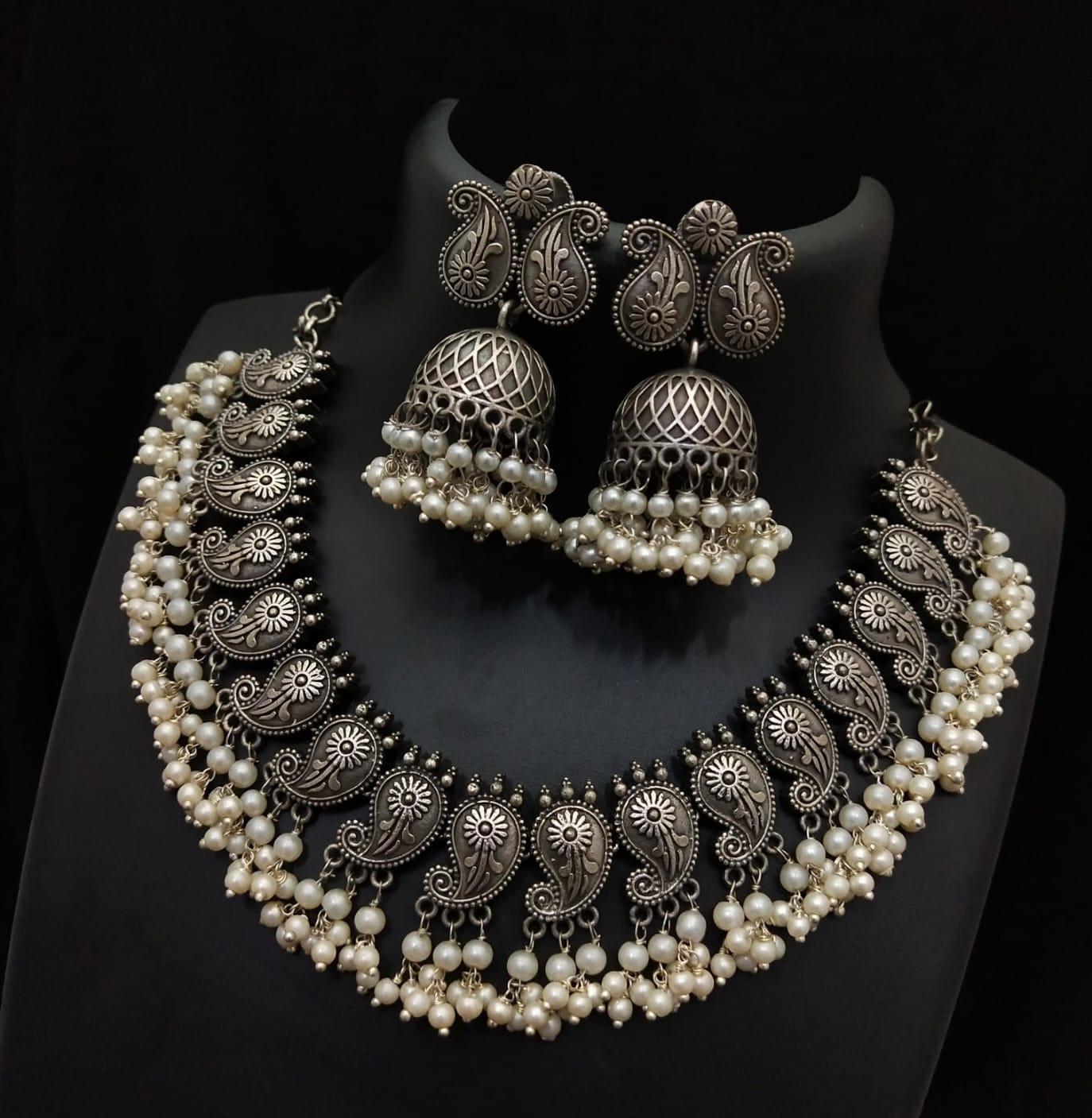 BEAUTIFUL SILVERLOOKALIKE MOST WANTED NECKLACE SET WITH MATCHING JHUMKA