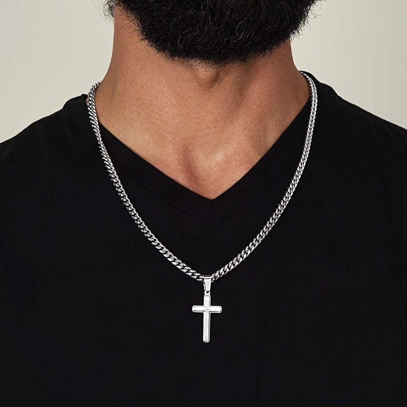 1pc "to My Son" Cross Pendant Necklace, Stainless Steel Cuban Chain Jewelry, Birthday Gift Valentine's Day Gift, Christmas Gift, with Card And Gift Box Packaging