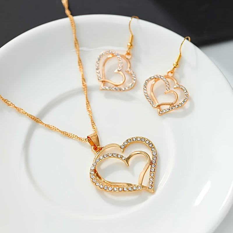 1 Pair Of Earrings + 1 Necklace French Romantic Style Jewelry Set Sparkling Heart Design Silvery Or Golden Make Your Call Gift For Her
