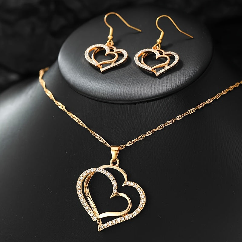 1 Pair Of Earrings + 1 Necklace French Romantic Style Jewelry Set Sparkling Heart Design Silvery Or Golden Make Your Call Gift For Her