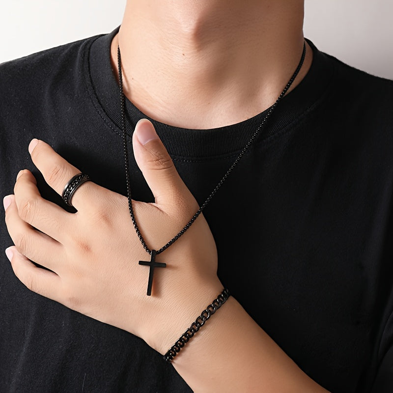 3pcs 3-Piece Men's Stainless Steel Cross Necklace Bracelet & Ring Set - Black