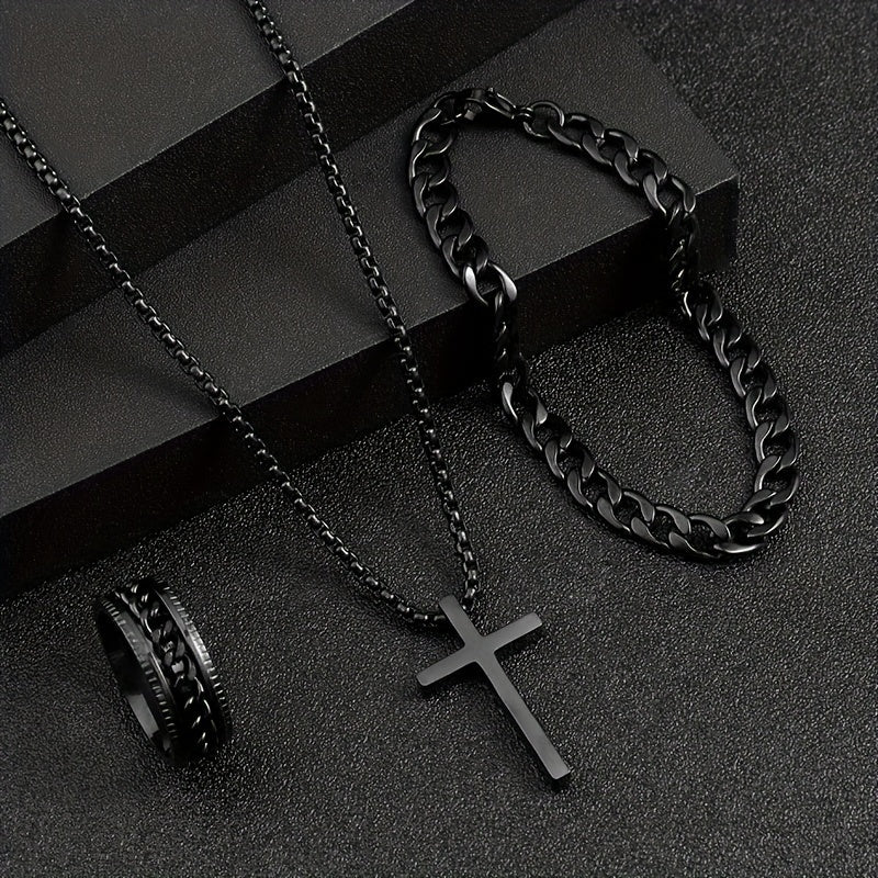 3pcs 3-Piece Men's Stainless Steel Cross Necklace Bracelet & Ring Set - Black