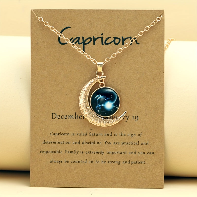 1pc Retro Glow-in-the-Dark Zodiac Moon Pendant Necklace - Vintage Style, Zinc Alloy with Glass Accents, Adjustable Chain for Women - Ideal for Daily Wear & Gifting, Zodiac Jewelry, Gift Jewelry, Vintage Jewelry, Durable Jewel
