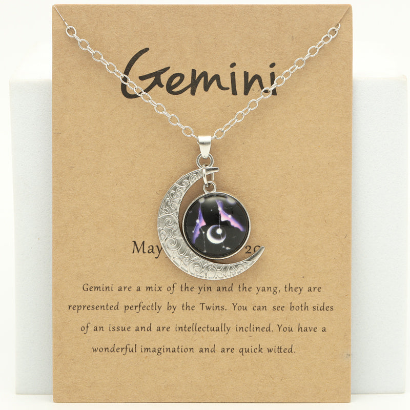 Cross-border New Luminous 12 Zodiac Necklace Retro Moon Pendant Card Short Necklace, father's day gift