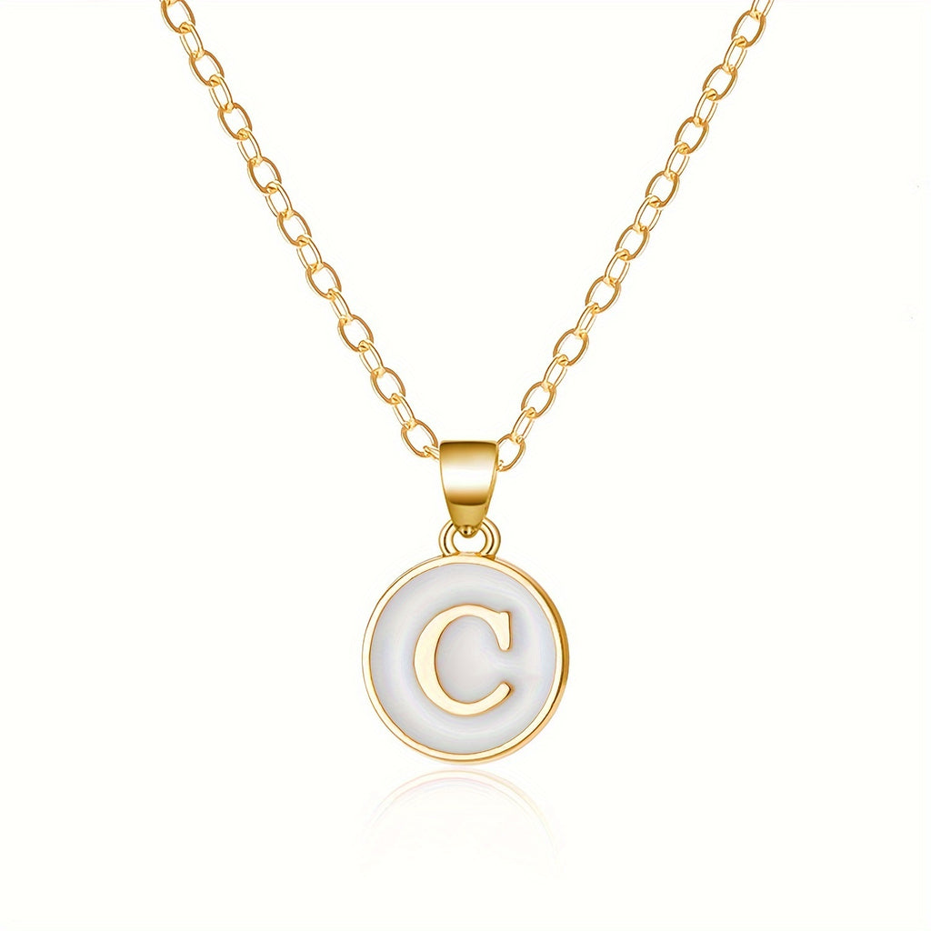 Round Shape 26 English Letter Pattern Pendant Necklace Elegant Simple Style Zinc Alloy Jewelry Trendy Female Necklace