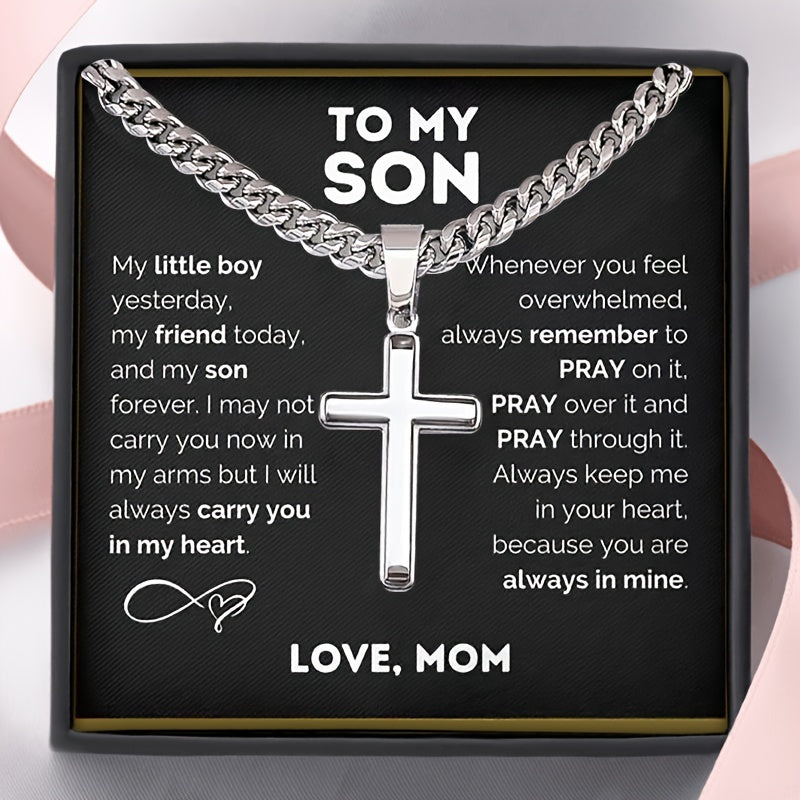 1pc "to My Son" Cross Pendant Necklace, Stainless Steel Cuban Chain Jewelry, Birthday Gift Valentine's Day Gift, Christmas Gift, with Card And Gift Box Packaging