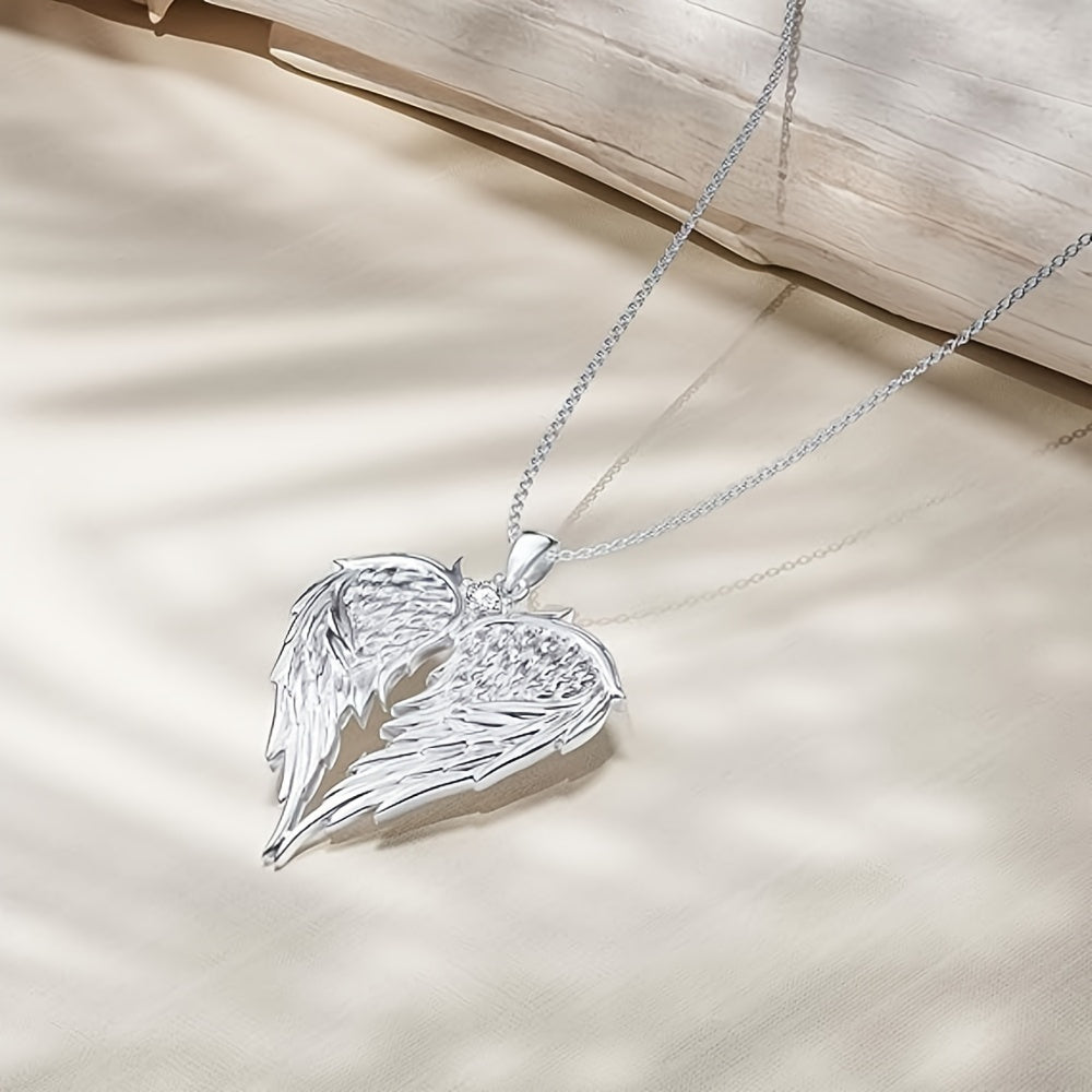 Elegant Angel Wings Heart-shaped Pendant Necklace, Angel Wing Jewelry, Holiday Gift