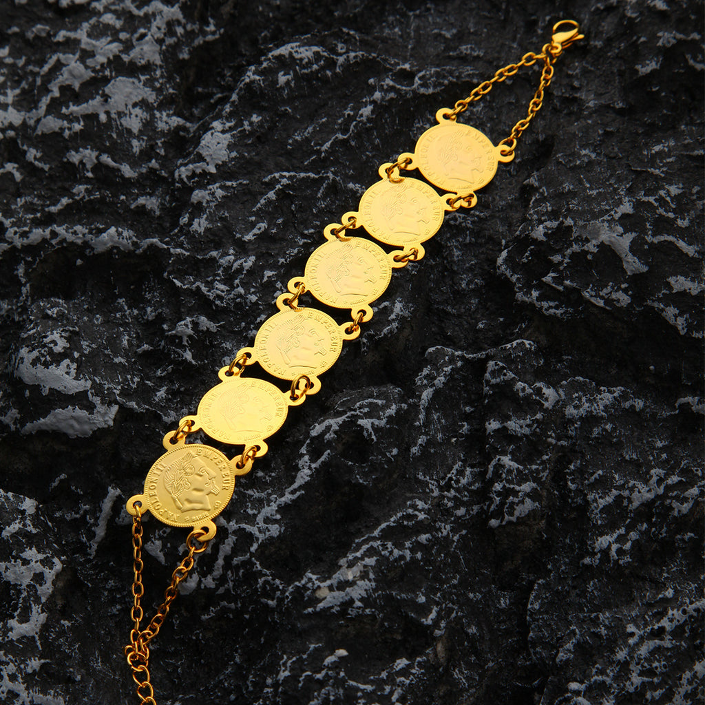 Middle East Cross Border 24K Gold Plated Coin Bracelet, Women's Handmade Jewelry, European And American Fashion Festival Bracelet