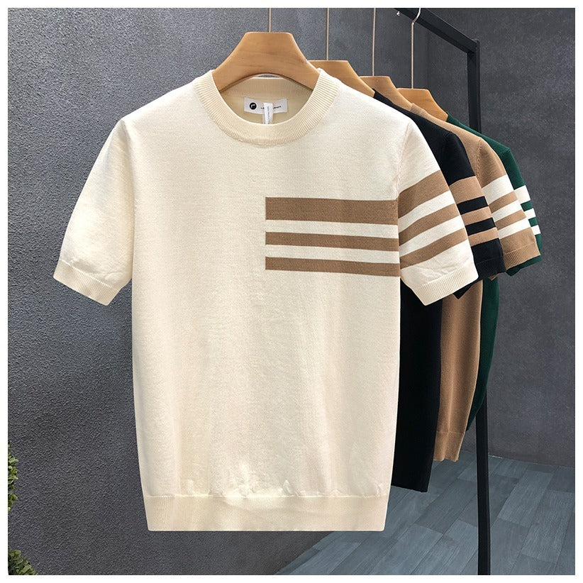 Trendy All-match Round Neck Knitted Short Sleeve Contrast Color Thin T-shirt