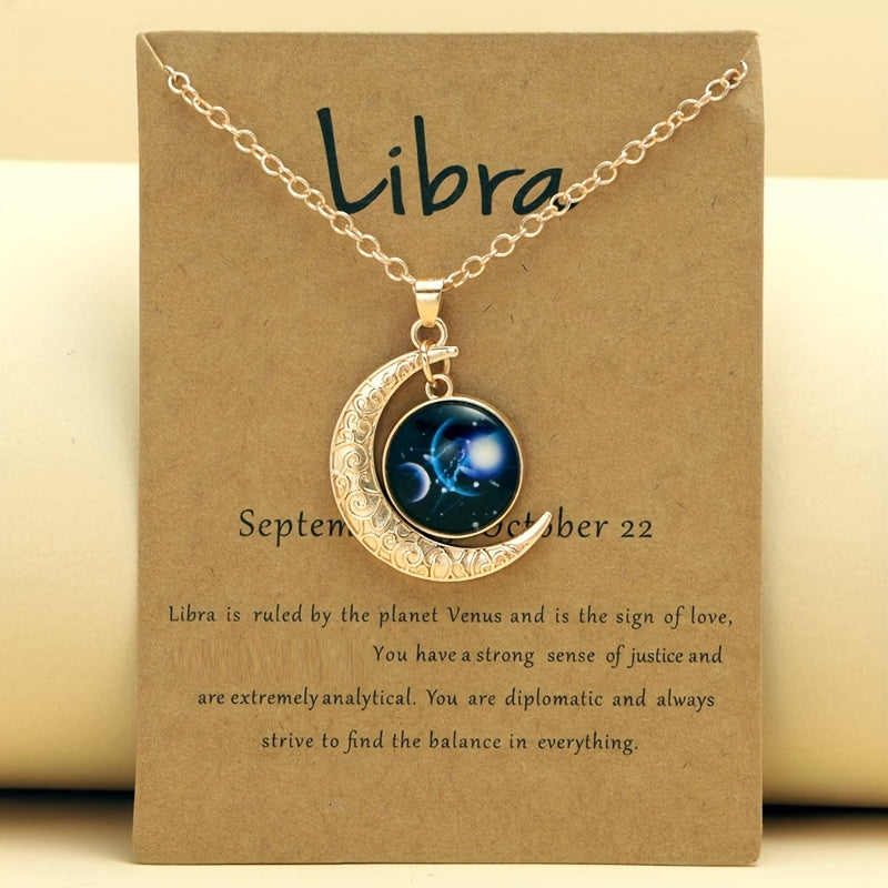 1pc Retro Glow-in-the-Dark Zodiac Moon Pendant Necklace - Vintage Style, Zinc Alloy with Glass Accents, Adjustable Chain for Women - Ideal for Daily Wear & Gifting, Zodiac Jewelry, Gift Jewelry, Vintage Jewelry, Durable Jewel