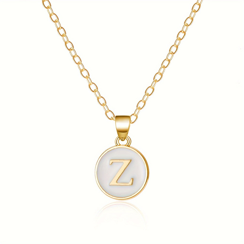 Round Shape 26 English Letter Pattern Pendant Necklace Elegant Simple Style Zinc Alloy Jewelry Trendy Female Necklace