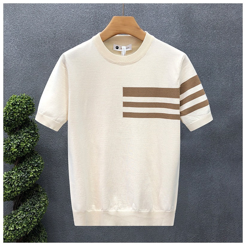 Trendy All-match Round Neck Knitted Short Sleeve Contrast Color Thin T-shirt