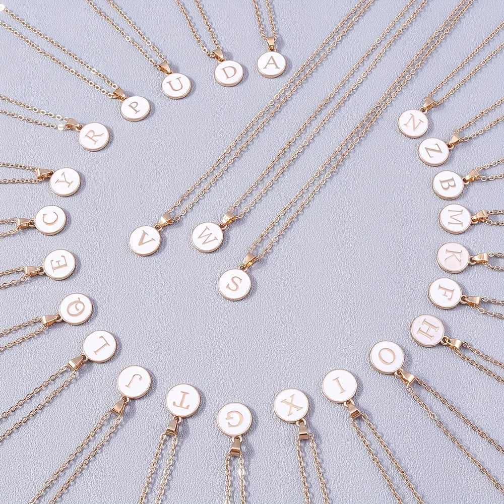 Round Shape 26 English Letter Pattern Pendant Necklace Elegant Simple Style Zinc Alloy Jewelry Trendy Female Necklace