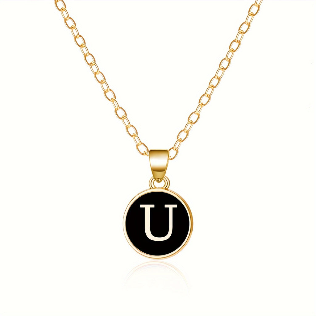 Round Shape 26 English Letter Pattern Pendant Necklace Elegant Simple Style Zinc Alloy Jewelry Trendy Female Necklace