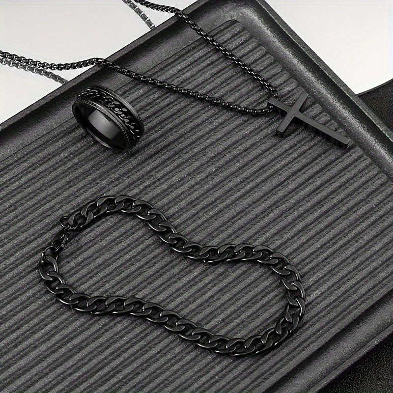 3pcs 3-Piece Men's Stainless Steel Cross Necklace Bracelet & Ring Set - Black