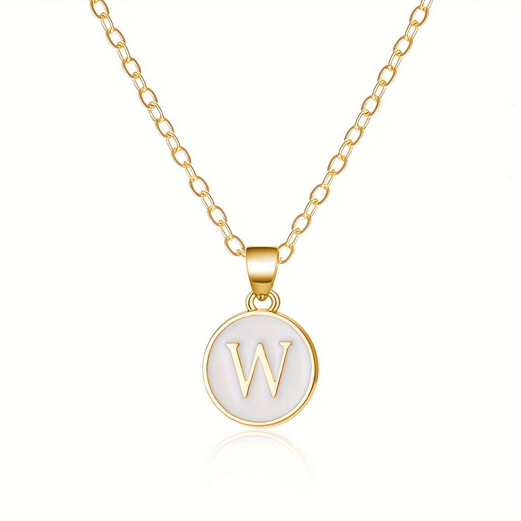 Round Shape 26 English Letter Pattern Pendant Necklace Elegant Simple Style Zinc Alloy Jewelry Trendy Female Necklace