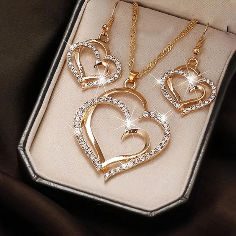 1 Pair Of Earrings + 1 Necklace French Romantic Style Jewelry Set Sparkling Heart Design Silvery Or Golden Make Your Call Gift For Her