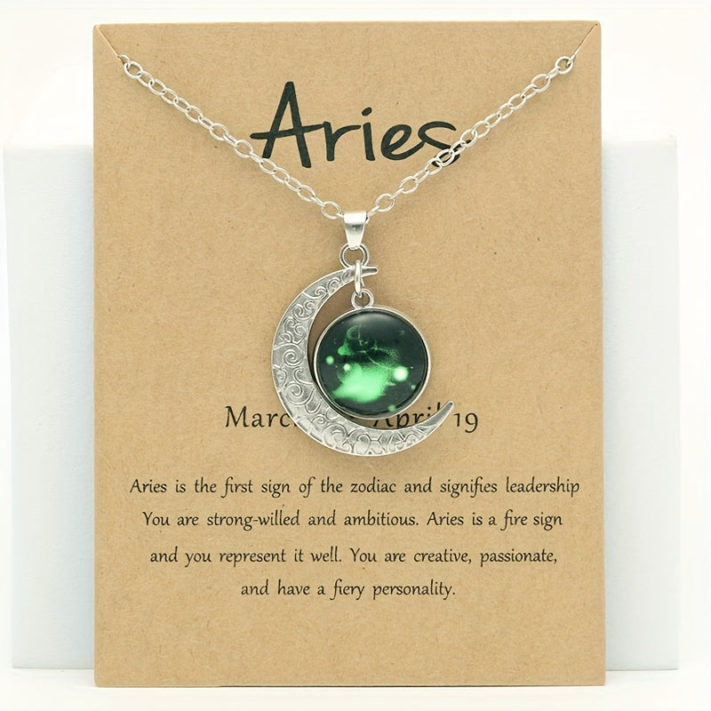 1pc Retro Glow-in-the-Dark Zodiac Moon Pendant Necklace - Vintage Style, Zinc Alloy with Glass Accents, Adjustable Chain for Women - Ideal for Daily Wear & Gifting, Zodiac Jewelry, Gift Jewelry, Vintage Jewelry, Durable Jewel
