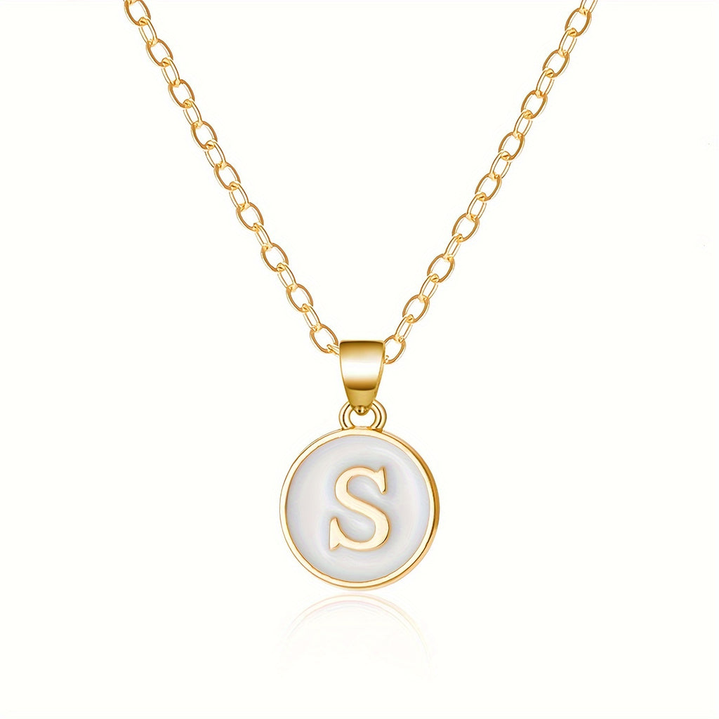 Round Shape 26 English Letter Pattern Pendant Necklace Elegant Simple Style Zinc Alloy Jewelry Trendy Female Necklace