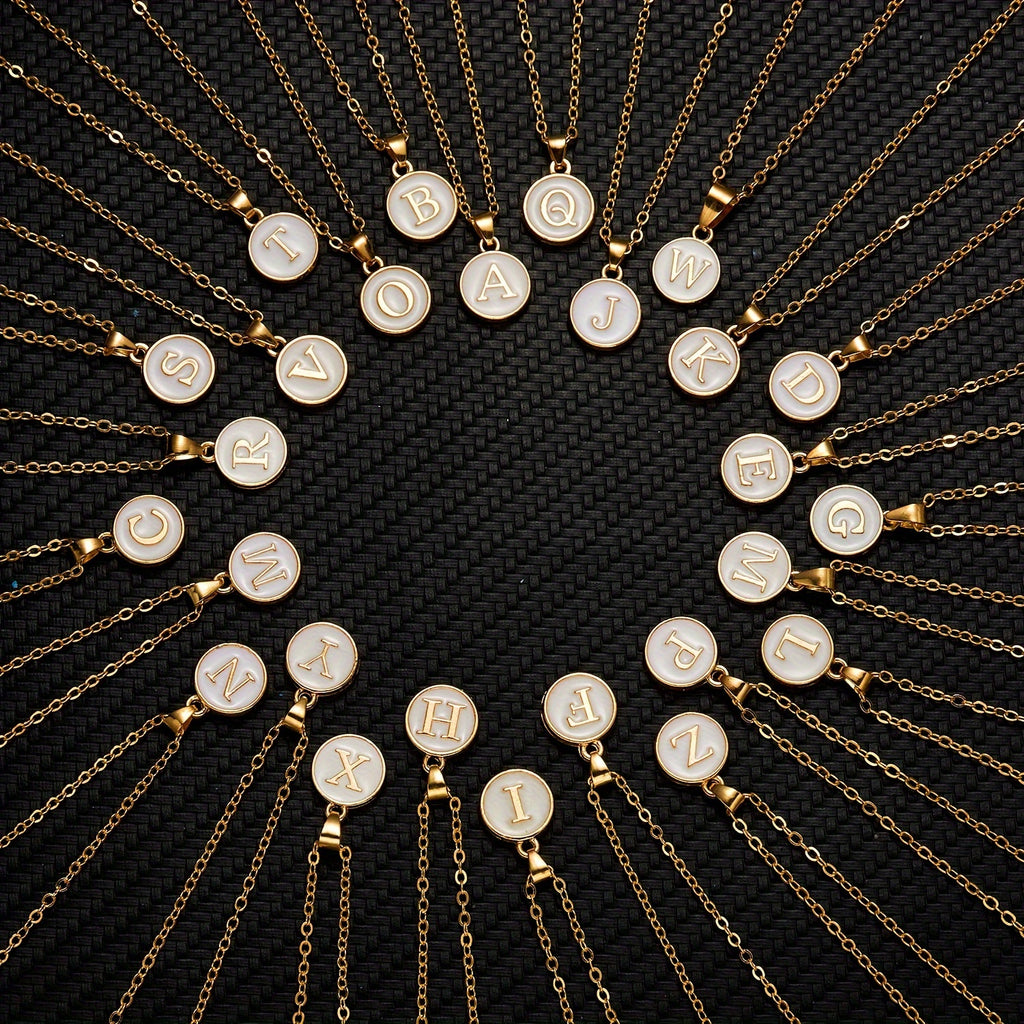 Round Shape 26 English Letter Pattern Pendant Necklace Elegant Simple Style Zinc Alloy Jewelry Trendy Female Necklace