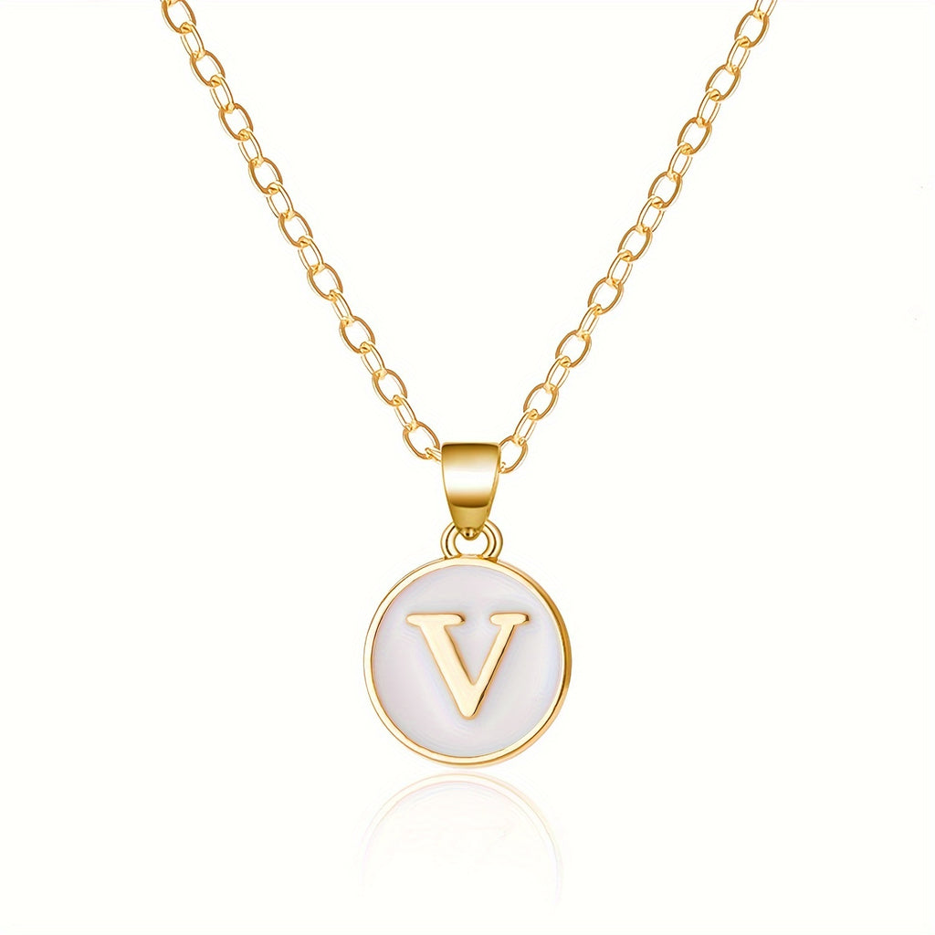 Round Shape 26 English Letter Pattern Pendant Necklace Elegant Simple Style Zinc Alloy Jewelry Trendy Female Necklace