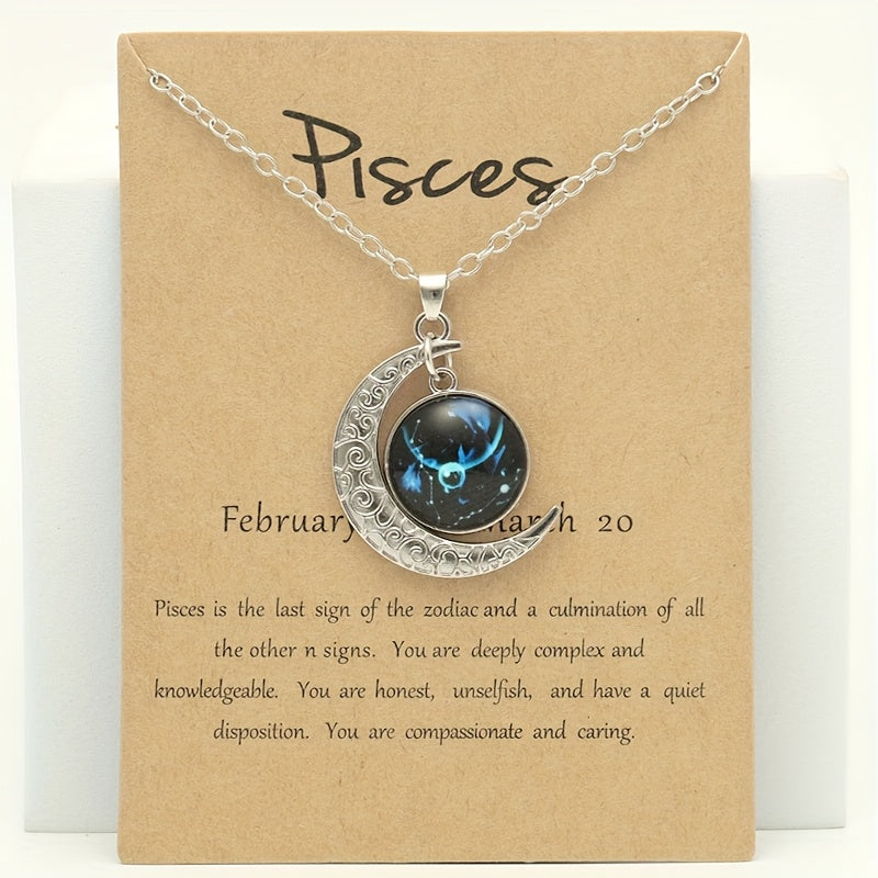1pc Retro Glow-in-the-Dark Zodiac Moon Pendant Necklace - Vintage Style, Zinc Alloy with Glass Accents, Adjustable Chain for Women - Ideal for Daily Wear & Gifting, Zodiac Jewelry, Gift Jewelry, Vintage Jewelry, Durable Jewel