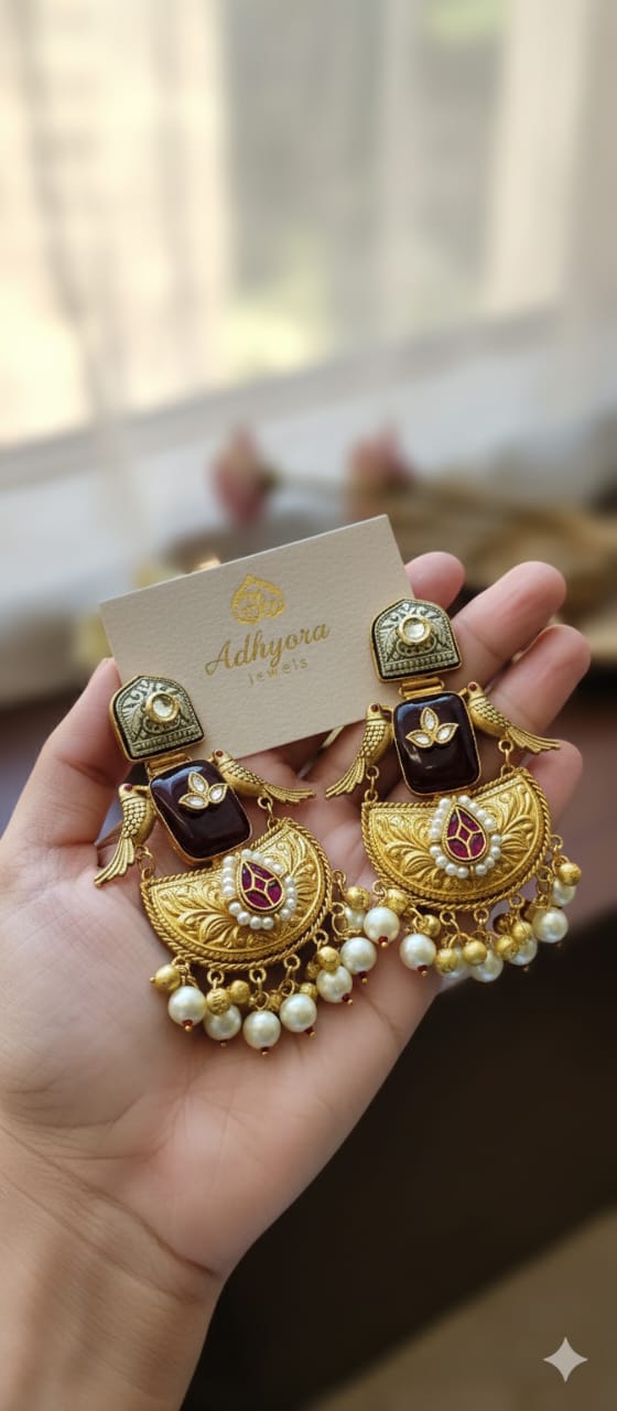 Vintage Gold-Plated Pearl & Ruby Dangler Earrings