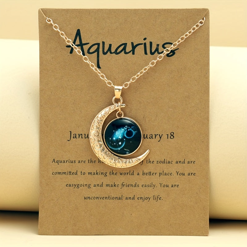 1pc Retro Glow-in-the-Dark Zodiac Moon Pendant Necklace - Vintage Style, Zinc Alloy with Glass Accents, Adjustable Chain for Women - Ideal for Daily Wear & Gifting, Zodiac Jewelry, Gift Jewelry, Vintage Jewelry, Durable Jewel