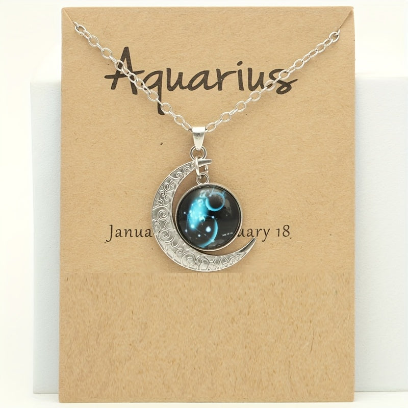 1pc Retro Glow-in-the-Dark Zodiac Moon Pendant Necklace - Vintage Style, Zinc Alloy with Glass Accents, Adjustable Chain for Women - Ideal for Daily Wear & Gifting, Zodiac Jewelry, Gift Jewelry, Vintage Jewelry, Durable Jewel