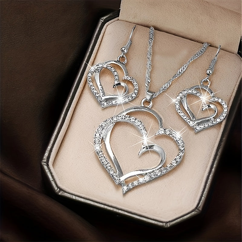 1 Pair Of Earrings + 1 Necklace French Romantic Style Jewelry Set Sparkling Heart Design Silvery Or Golden Make Your Call Gift For Her
