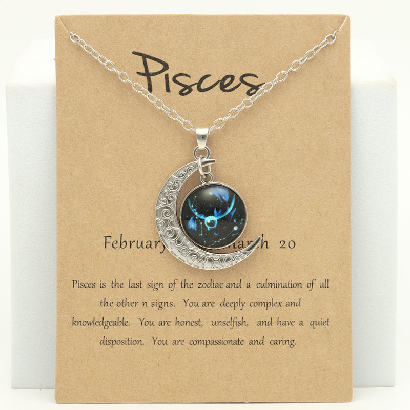 Cross-border New Luminous 12 Zodiac Necklace Retro Moon Pendant Card Short Necklace, father's day gift