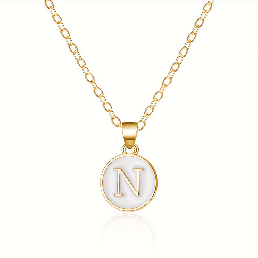 Round Shape 26 English Letter Pattern Pendant Necklace Elegant Simple Style Zinc Alloy Jewelry Trendy Female Necklace