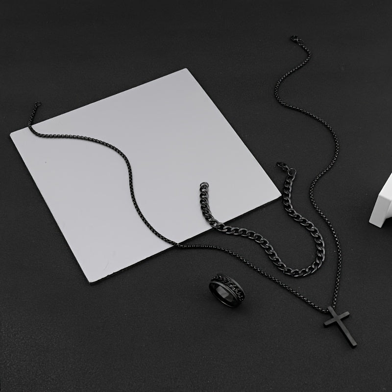 3pcs 3-Piece Men's Stainless Steel Cross Necklace Bracelet & Ring Set - Black