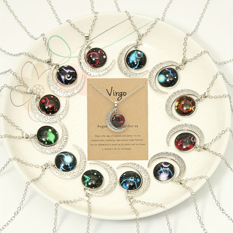 1pc Retro Glow-in-the-Dark Zodiac Moon Pendant Necklace - Vintage Style, Zinc Alloy with Glass Accents, Adjustable Chain for Women - Ideal for Daily Wear & Gifting, Zodiac Jewelry, Gift Jewelry, Vintage Jewelry, Durable Jewel