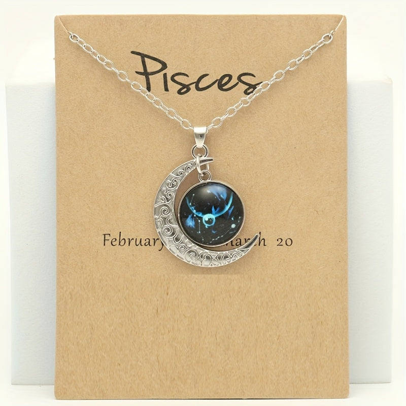 1pc Retro Glow-in-the-Dark Zodiac Moon Pendant Necklace - Vintage Style, Zinc Alloy with Glass Accents, Adjustable Chain for Women - Ideal for Daily Wear & Gifting, Zodiac Jewelry, Gift Jewelry, Vintage Jewelry, Durable Jewel