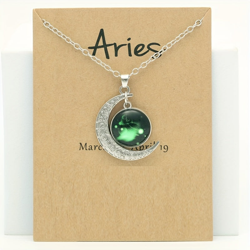 1pc Retro Glow-in-the-Dark Zodiac Moon Pendant Necklace - Vintage Style, Zinc Alloy with Glass Accents, Adjustable Chain for Women - Ideal for Daily Wear & Gifting, Zodiac Jewelry, Gift Jewelry, Vintage Jewelry, Durable Jewel