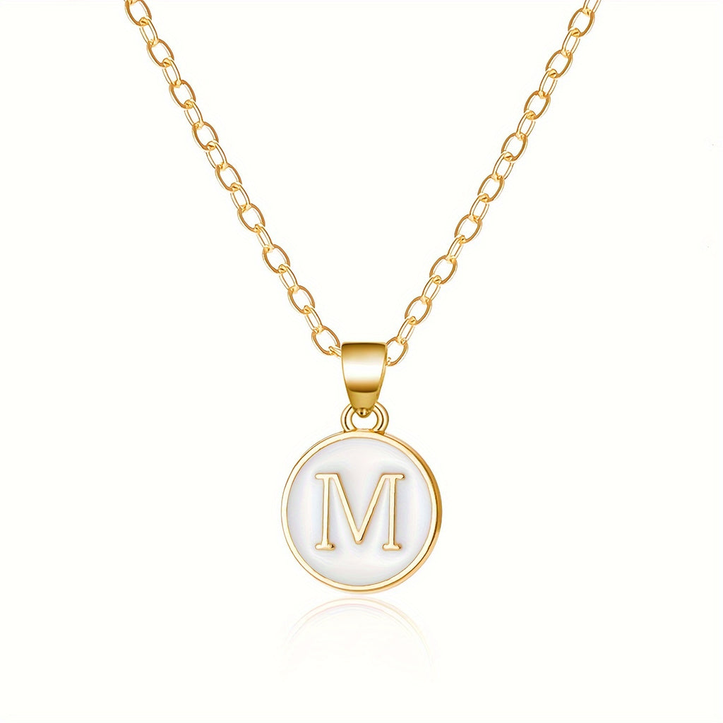 Round Shape 26 English Letter Pattern Pendant Necklace Elegant Simple Style Zinc Alloy Jewelry Trendy Female Necklace