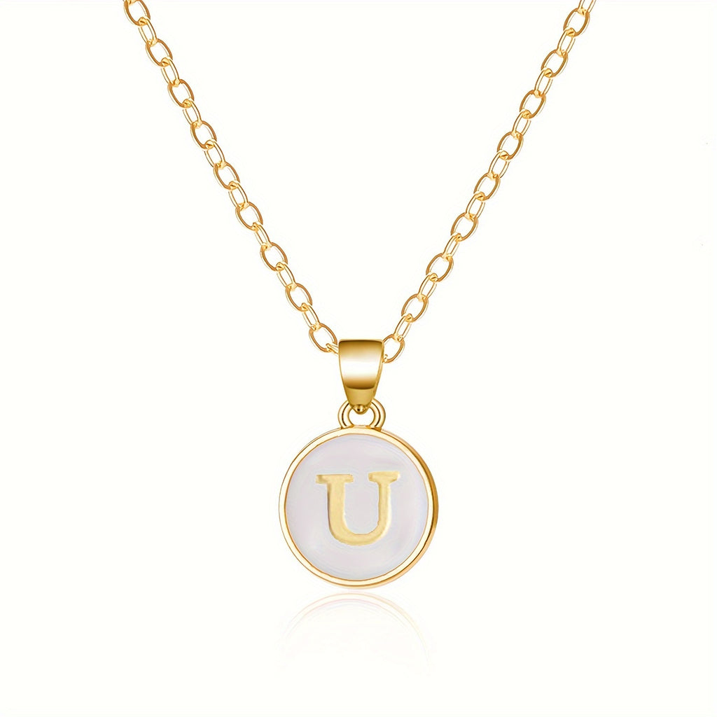 Round Shape 26 English Letter Pattern Pendant Necklace Elegant Simple Style Zinc Alloy Jewelry Trendy Female Necklace
