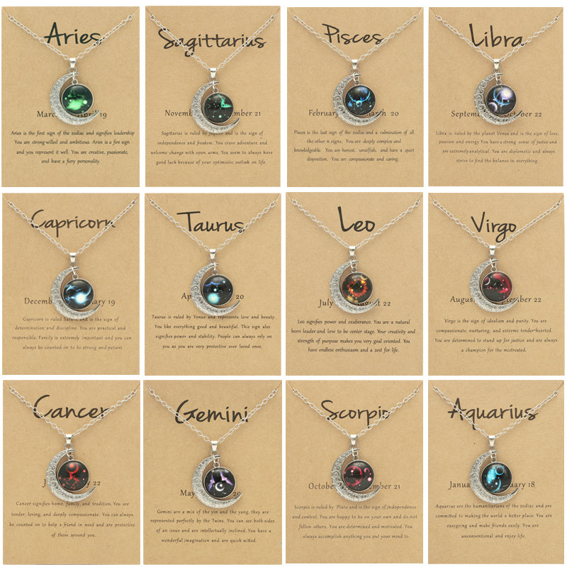 Cross-border New Luminous 12 Zodiac Necklace Retro Moon Pendant Card Short Necklace, father's day gift