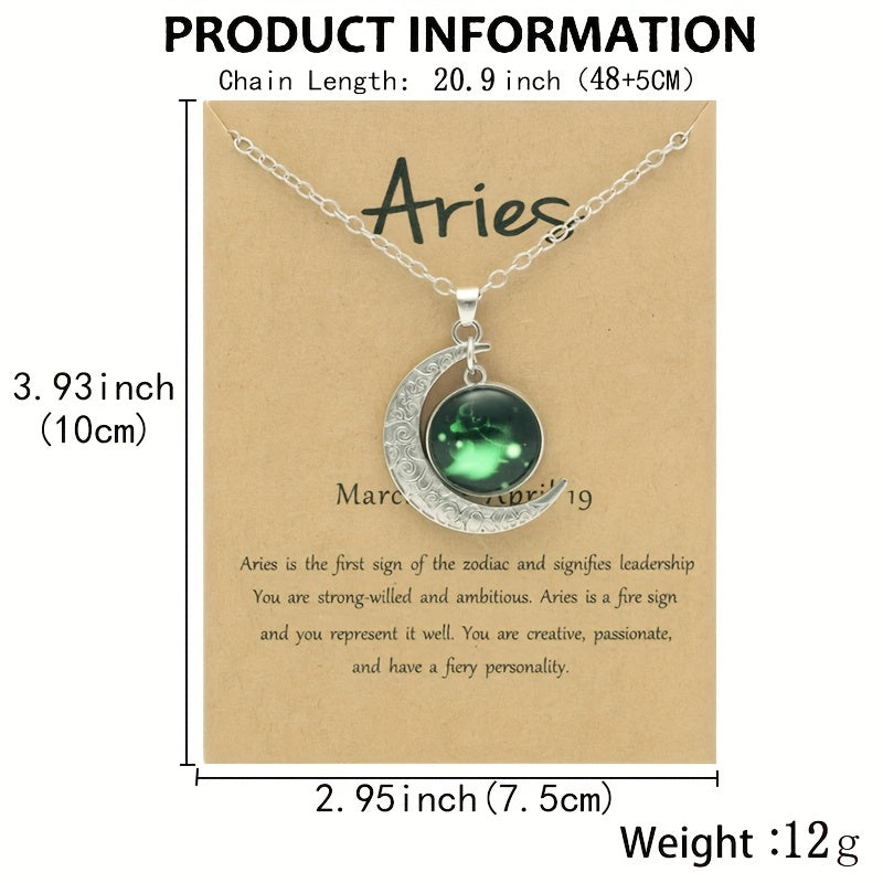 1pc Retro Glow-in-the-Dark Zodiac Moon Pendant Necklace - Vintage Style, Zinc Alloy with Glass Accents, Adjustable Chain for Women - Ideal for Daily Wear & Gifting, Zodiac Jewelry, Gift Jewelry, Vintage Jewelry, Durable Jewel