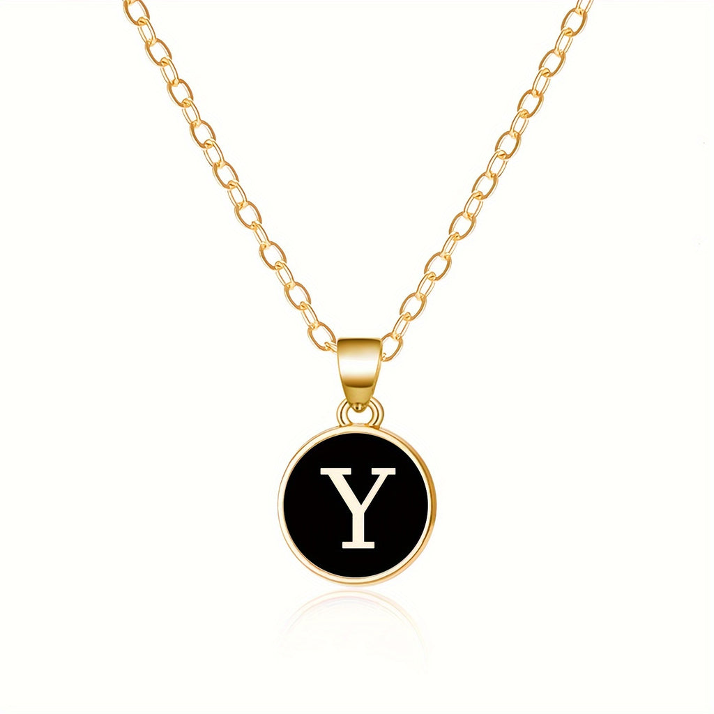 Round Shape 26 English Letter Pattern Pendant Necklace Elegant Simple Style Zinc Alloy Jewelry Trendy Female Necklace