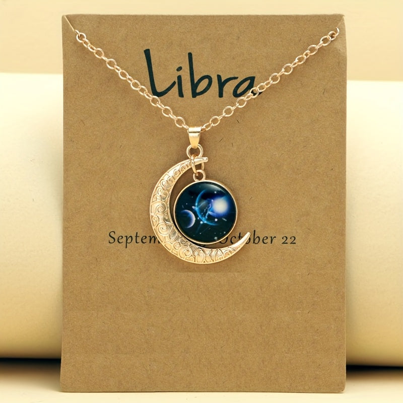 1pc Retro Glow-in-the-Dark Zodiac Moon Pendant Necklace - Vintage Style, Zinc Alloy with Glass Accents, Adjustable Chain for Women - Ideal for Daily Wear & Gifting, Zodiac Jewelry, Gift Jewelry, Vintage Jewelry, Durable Jewel