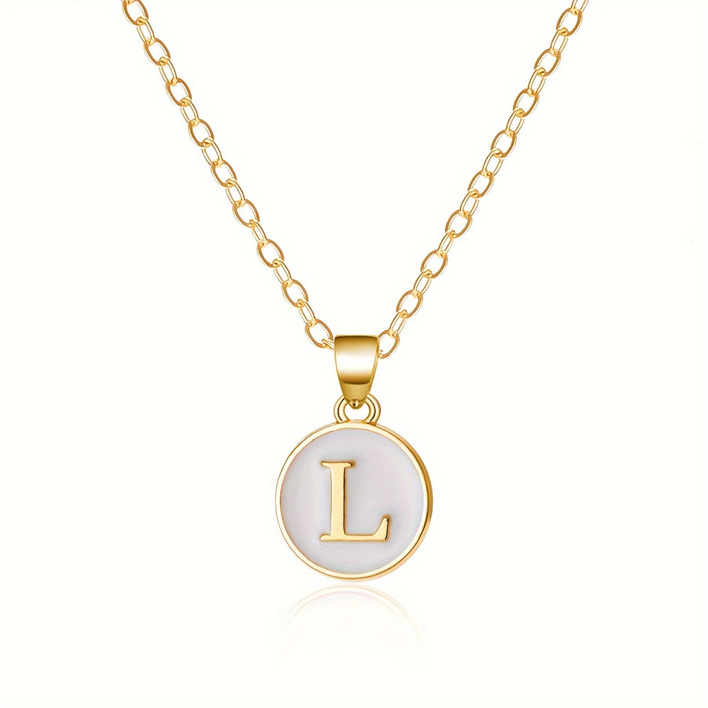 Round Shape 26 English Letter Pattern Pendant Necklace Elegant Simple Style Zinc Alloy Jewelry Trendy Female Necklace