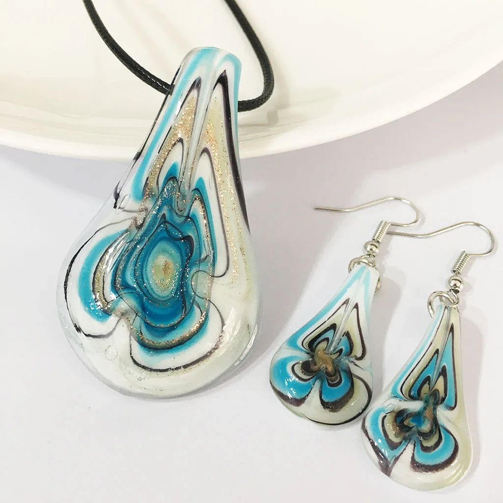 Fashion 3set   Glass Floral Leaf Shape Pendant Necklace Earrings Jewelry Set Handmade Personalized Jewelry for Women