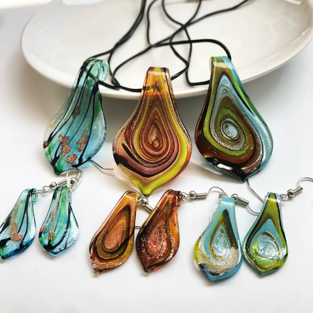 Fashion 3set   Glass Floral Leaf Shape Pendant Necklace Earrings Jewelry Set Handmade Personalized Jewelry for Women